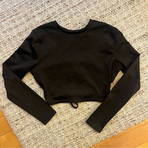 Primark Black Ribbed Long Sleeve Crop Top with Cut Out and Tie at the Back